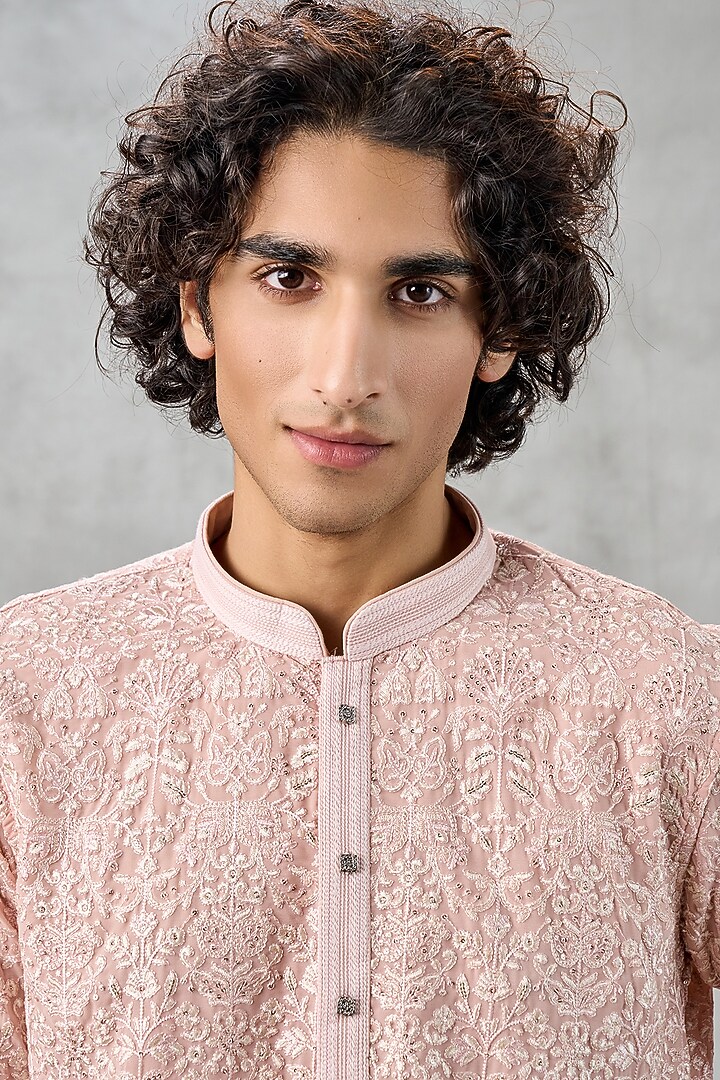 Peach Georgette Thread Embroidered Kurta Set by Twamev at Pernia's Pop Up Shop