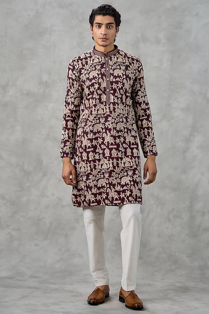 Wine Art Silk Thread Embroidered Kurta Set by Twamev at Pernia's Pop Up Shop