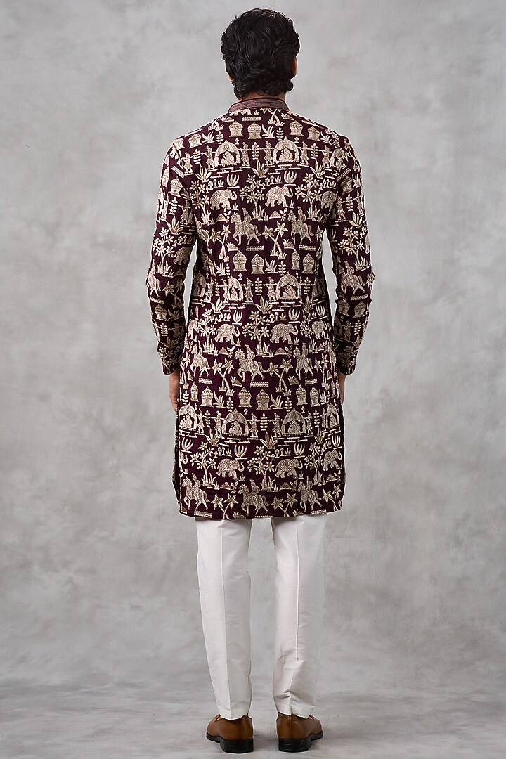 Wine Art Silk Thread Embroidered Kurta Set by Twamev at Pernia's Pop Up Shop