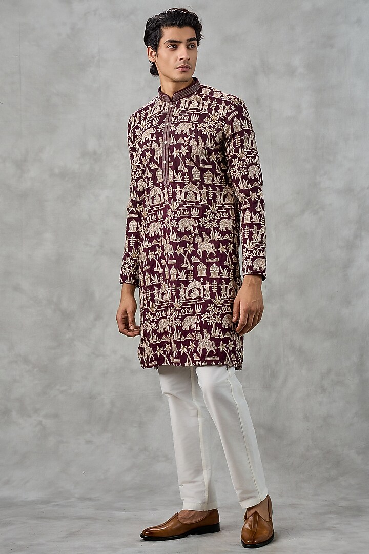 Wine Art Silk Thread Embroidered Kurta Set by Twamev at Pernia's Pop Up Shop