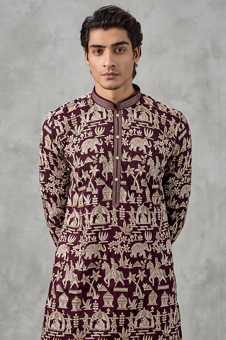 Wine Art Silk Thread Embroidered Kurta Set by Twamev at Pernia's Pop Up Shop