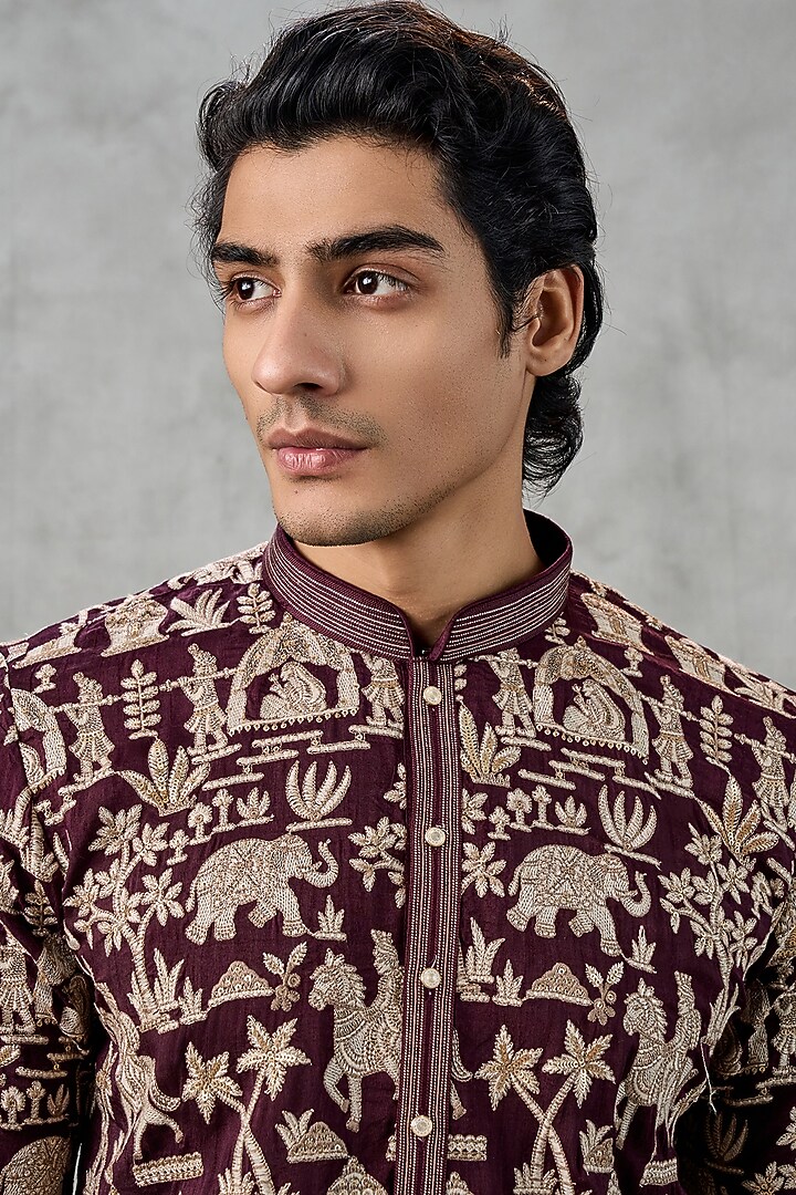 Wine Art Silk Thread Embroidered Kurta Set by Twamev at Pernia's Pop Up Shop