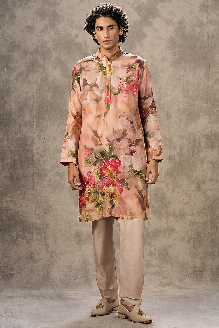 Pink Art Silk Printed & Beadwork Kurta Set by Twamev at Pernia's Pop Up Shop