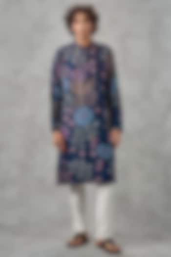 Blue Art Silk Printed & Beadwork Kurta Set by Twamev at Pernia's Pop Up Shop