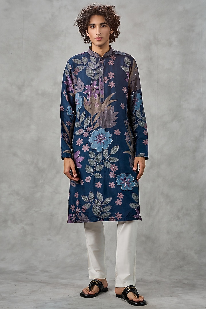 Blue Art Silk Printed & Beadwork Kurta Set by Twamev at Pernia's Pop Up Shop