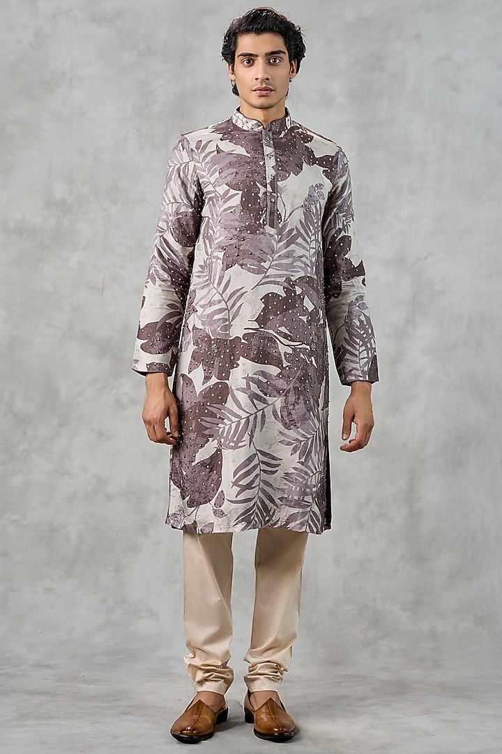 Dark Grey Art Silk Printed & Beadwork Kurta Set by Twamev at Pernia's Pop Up Shop