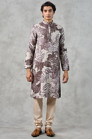 Dark Grey Art Silk Printed & Beadwork Kurta Set by Twamev