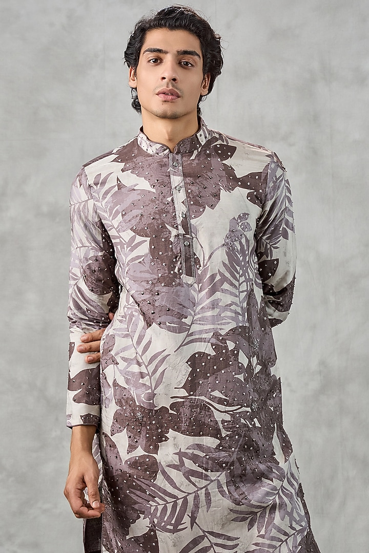 Dark Grey Art Silk Printed & Beadwork Kurta Set by Twamev at Pernia's Pop Up Shop