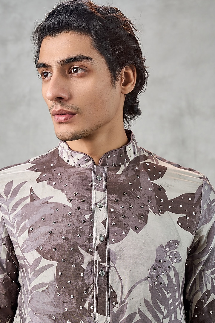 Dark Grey Art Silk Printed & Beadwork Kurta Set by Twamev at Pernia's Pop Up Shop