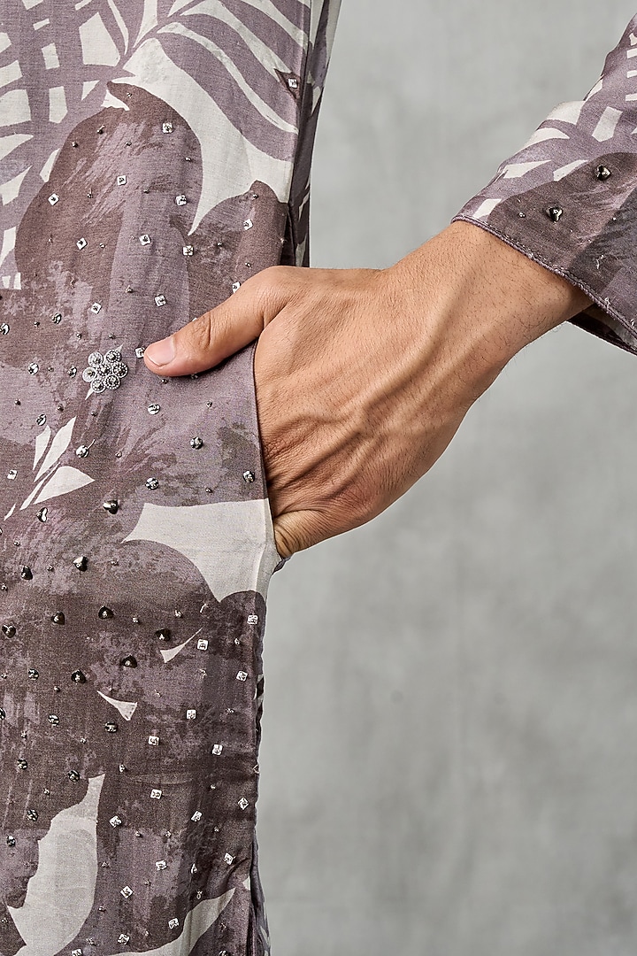 Dark Grey Art Silk Printed & Beadwork Kurta Set by Twamev at Pernia's Pop Up Shop