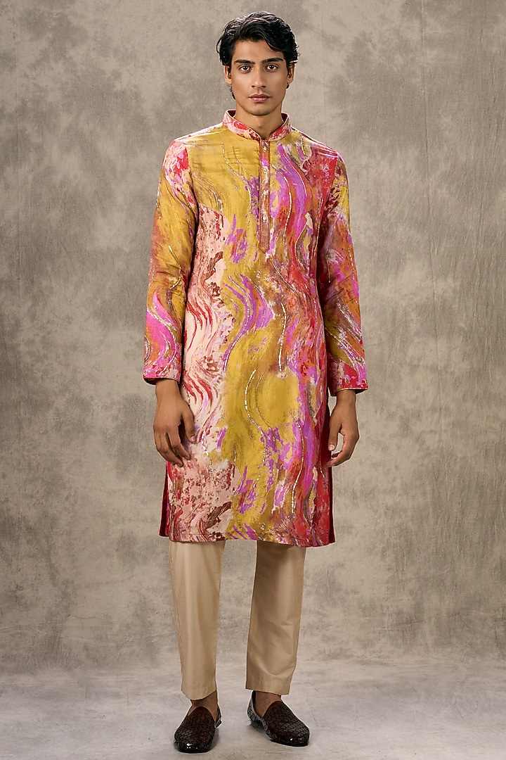 Yellow Art Silk Printed & Sequin Work Kurta Set by Twamev at Pernia's Pop Up Shop