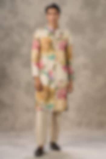 Cream Art Silk Printed & Bead Work Kurta Set by Twamev at Pernia's Pop Up Shop