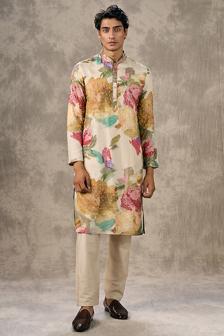 Cream Art Silk Printed & Bead Work Kurta Set by Twamev at Pernia's Pop Up Shop