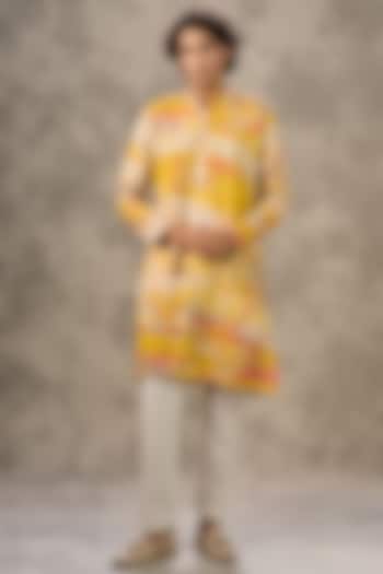 Yellow Art Silk Printed & Bead Work Kurta Set by Twamev at Pernia's Pop Up Shop