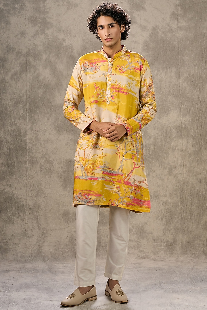 Yellow Art Silk Printed & Bead Work Kurta Set by Twamev at Pernia's Pop Up Shop