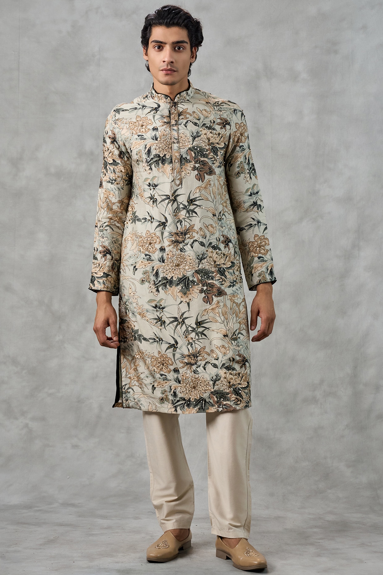 Twamev Pista Green Art Silk Printed & Sequin Work Kurta Set
