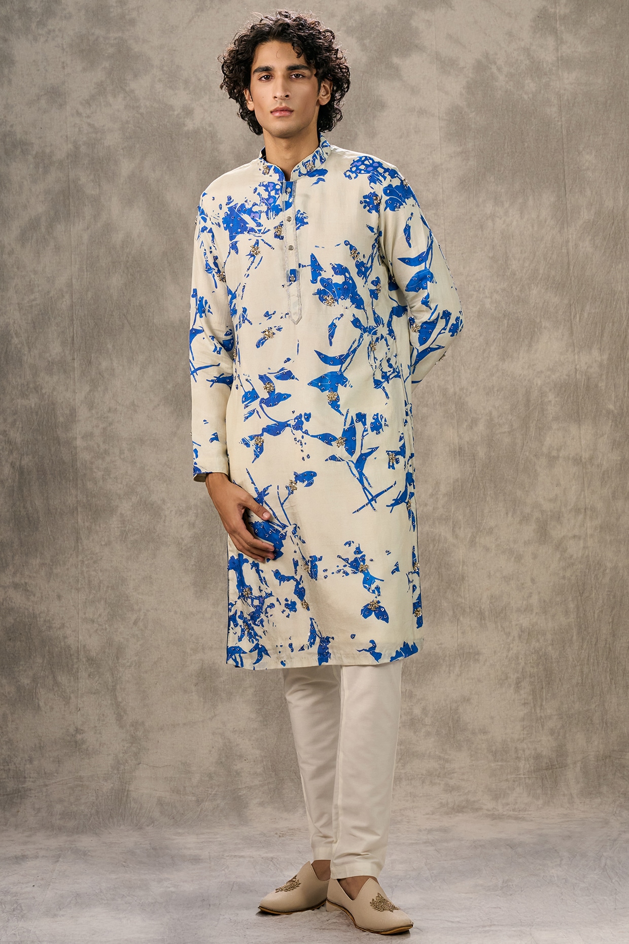 Twamev Cream Art Silk Printed & Bead Work Kurta Set