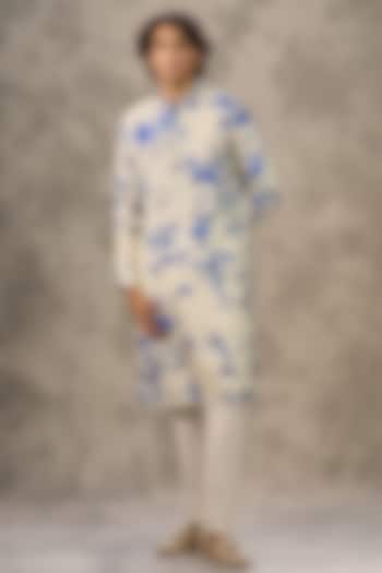 Cream Art Silk Printed & Bead Work Kurta Set by Twamev at Pernia's Pop Up Shop