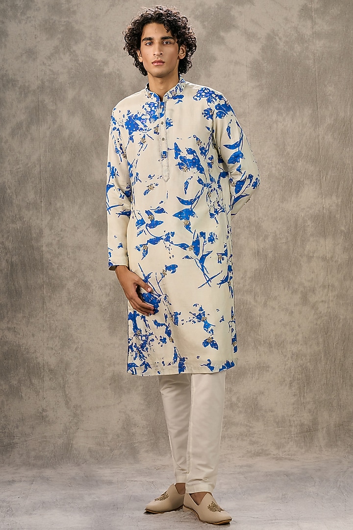 Cream Art Silk Printed & Bead Work Kurta Set by Twamev at Pernia's Pop Up Shop