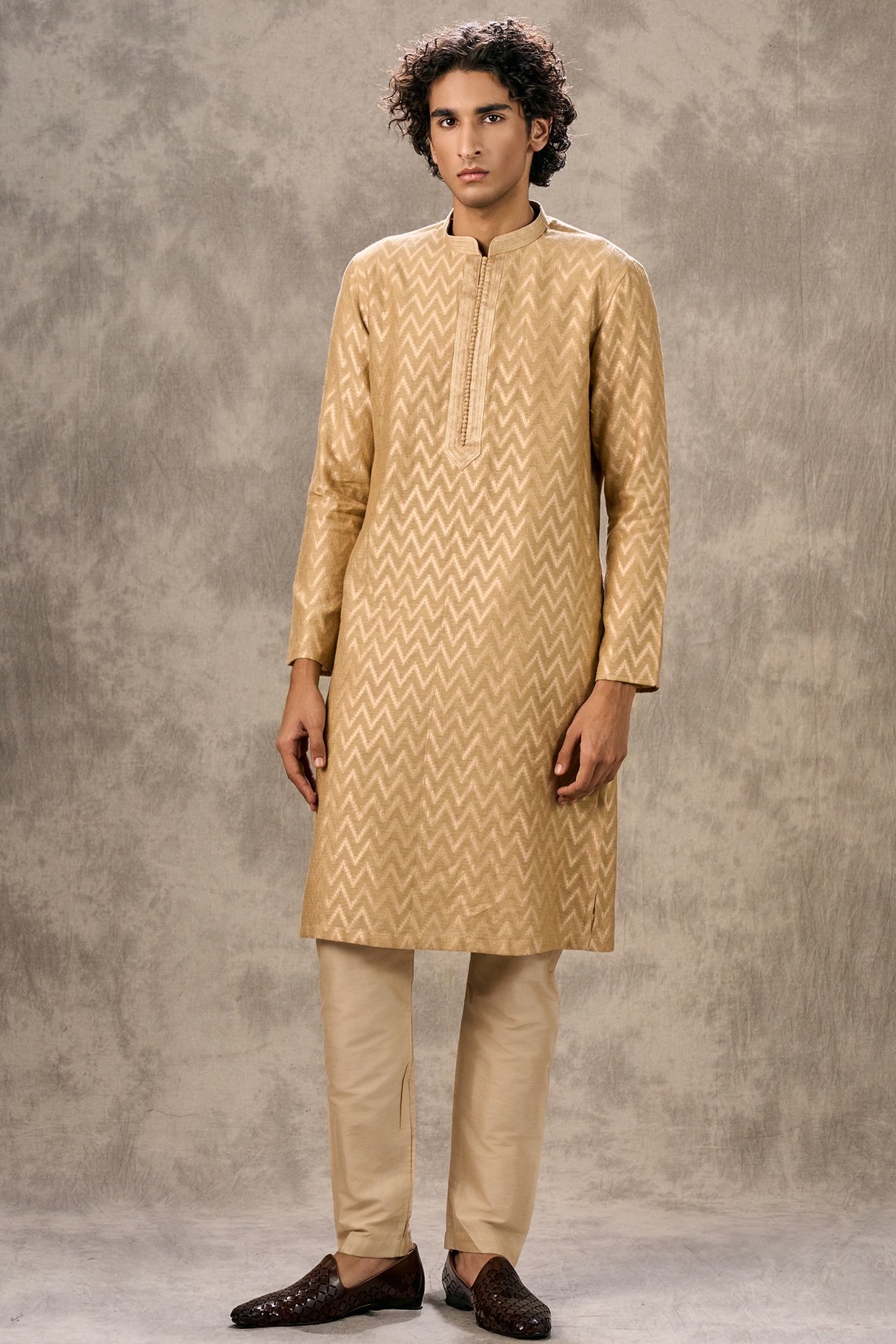 Twamev Beige Chanderi Thread Embroidered Kurta Set