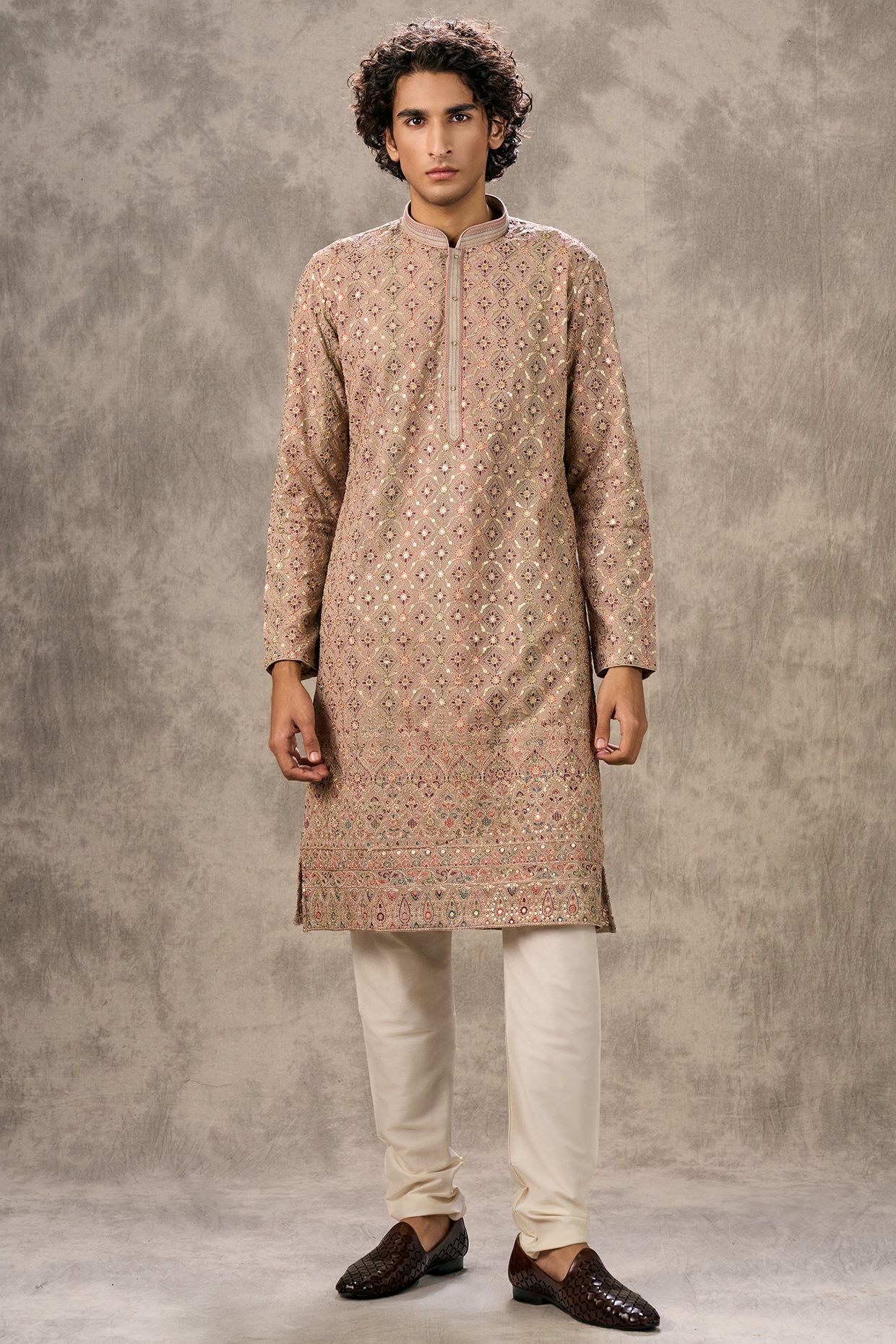 Twamev Fawn-Colored Georgette Thread Embroidered Kurta Set