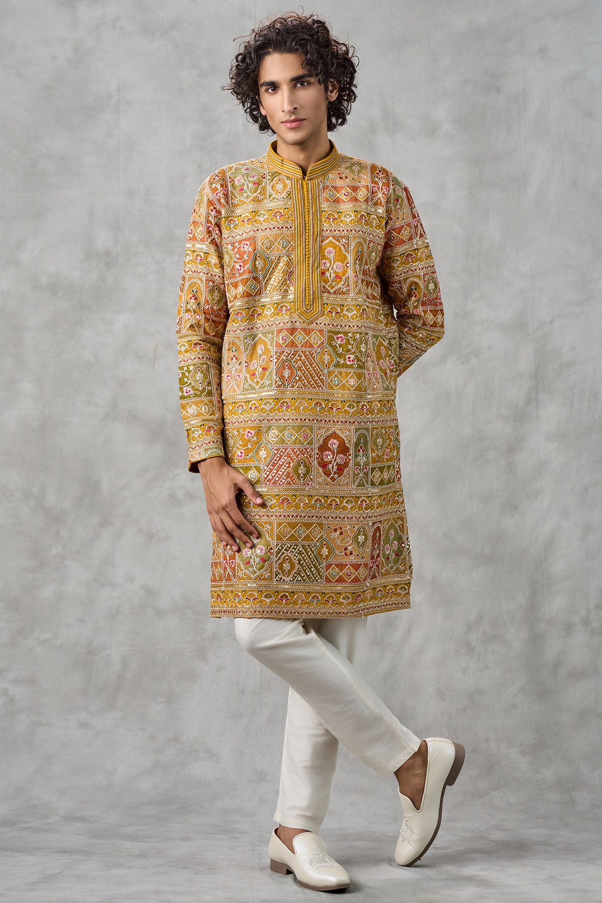 Twamev Mustard Yellow Georgette Thread Embroidered Kurta Set
