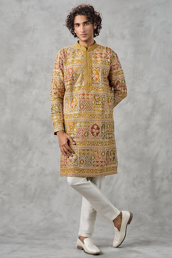 Mustard Yellow Georgette Thread Embroidered Kurta Set by Twamev at Pernia's Pop Up Shop