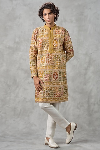 Mustard Yellow Georgette Thread Embroidered Kurta Set by Twamev