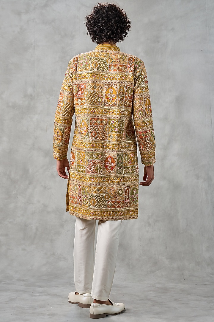 Mustard Yellow Georgette Thread Embroidered Kurta Set by Twamev at Pernia's Pop Up Shop