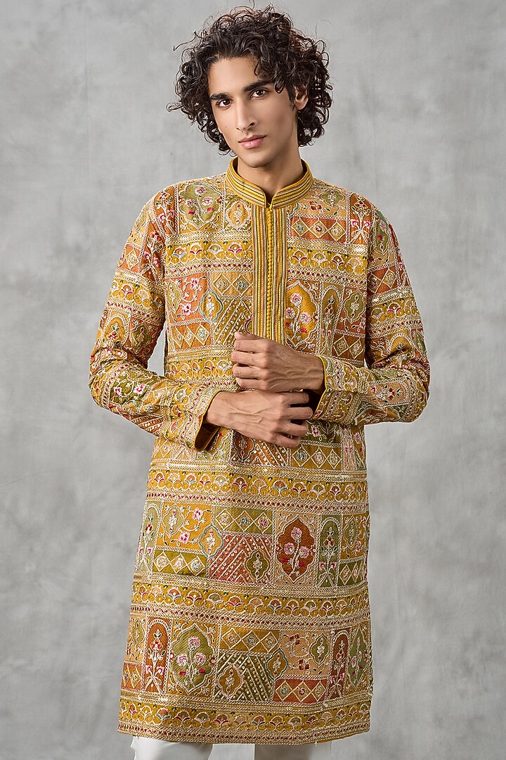 Mustard Yellow Georgette Thread Embroidered Kurta Set by Twamev at Pernia's Pop Up Shop