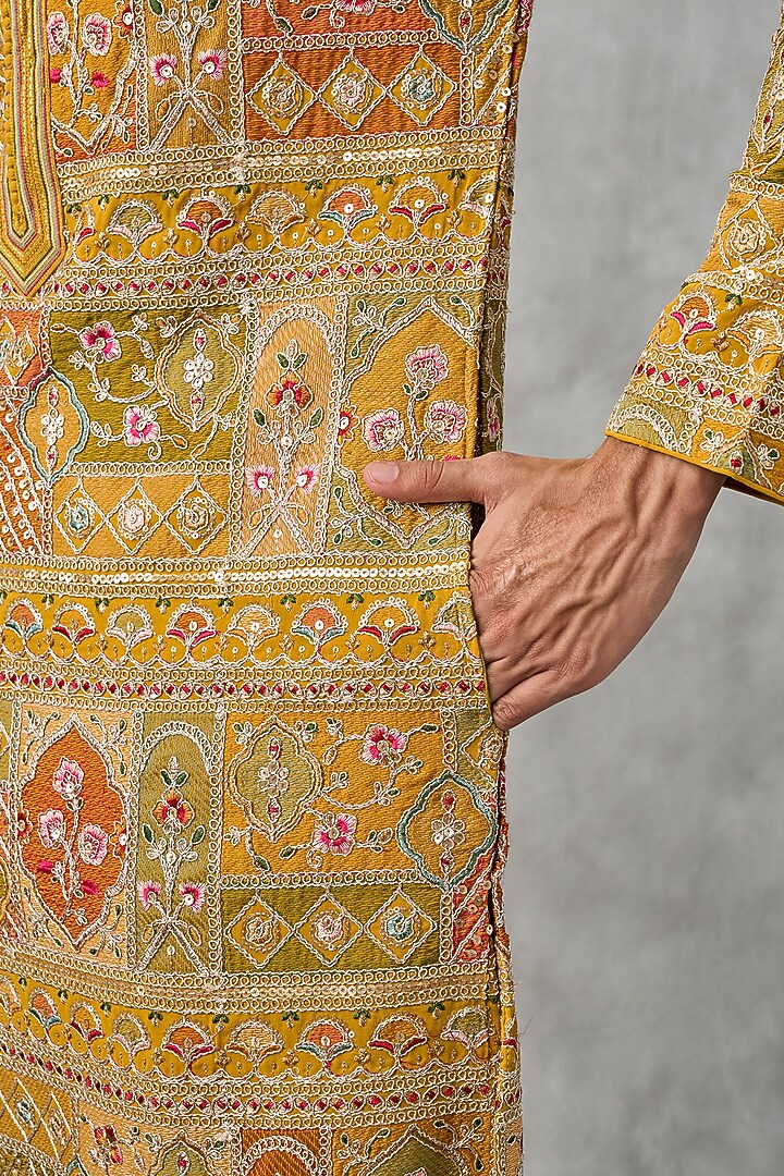 Mustard Yellow Georgette Thread Embroidered Kurta Set by Twamev at Pernia's Pop Up Shop