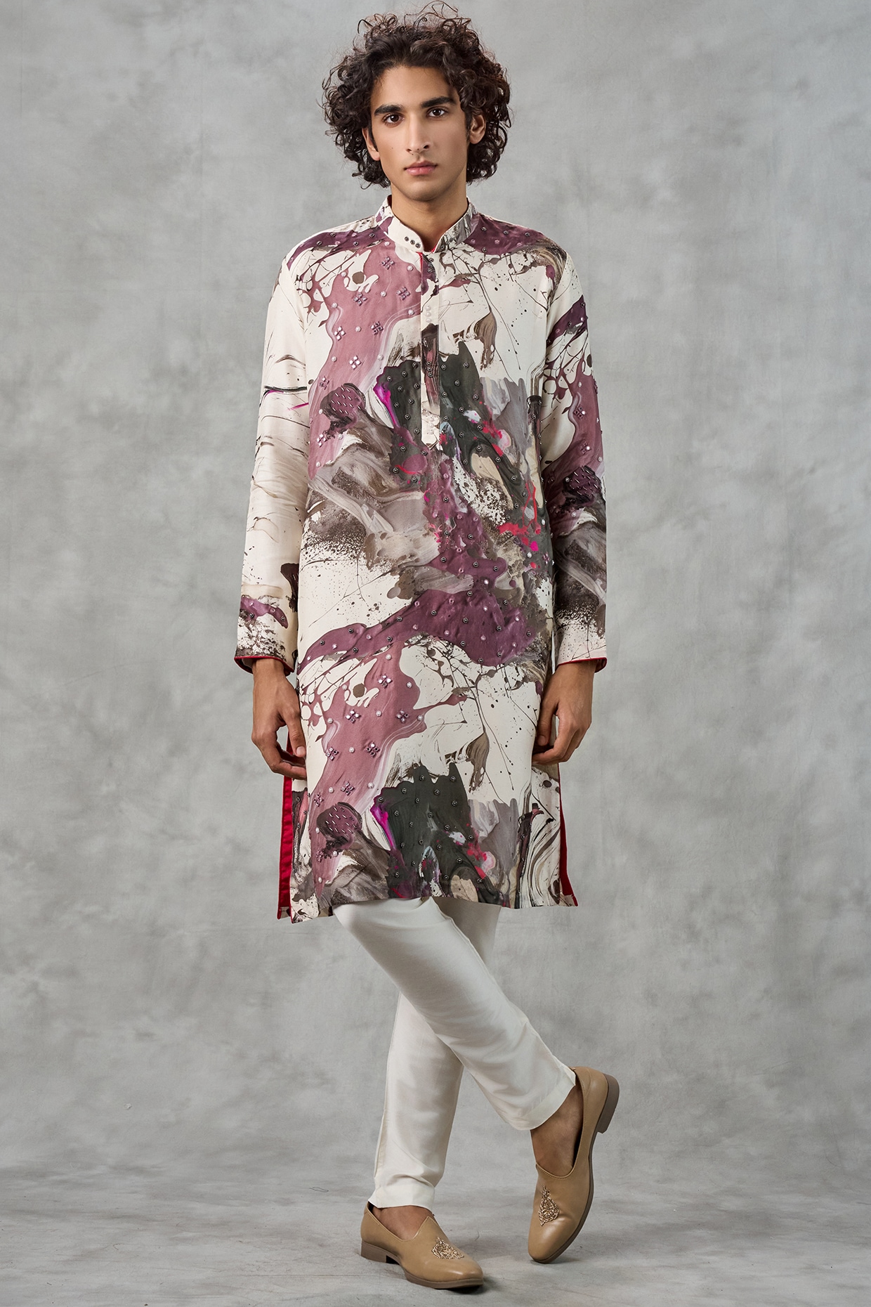 Twamev Cream Art Silk Printed & Thread Embroidered Kurta Set