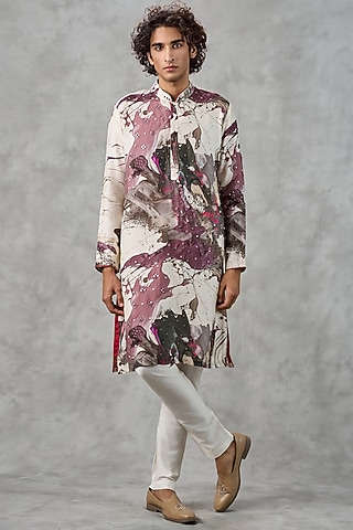 Cream Art Silk Printed & Thread Embroidered Kurta Set by Twamev