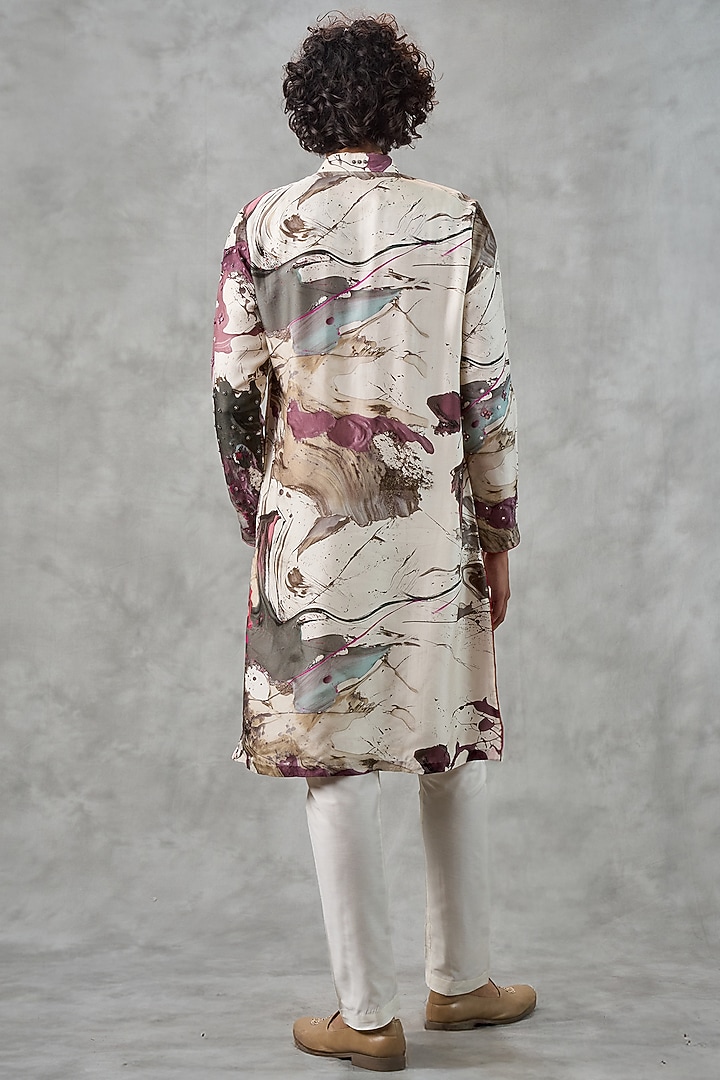 Cream Art Silk Printed & Thread Embroidered Kurta Set by Twamev at Pernia's Pop Up Shop
