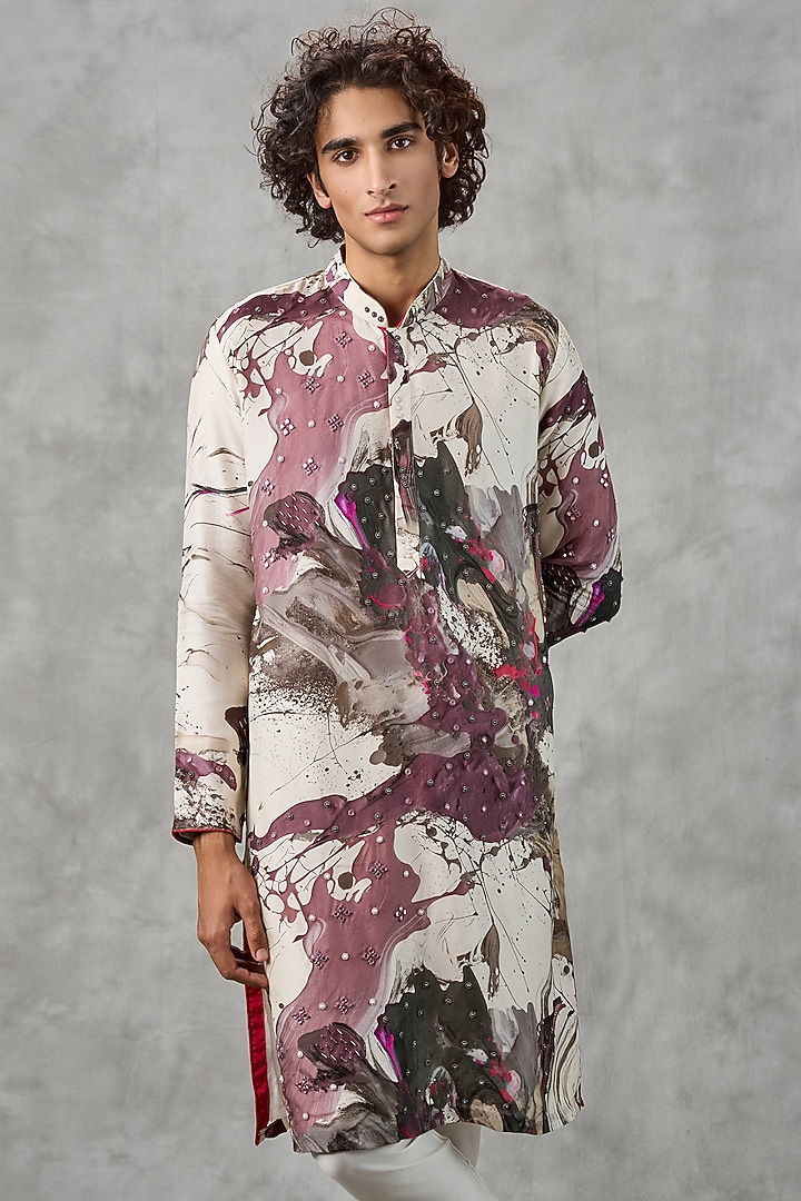 Cream Art Silk Printed & Thread Embroidered Kurta Set by Twamev at Pernia's Pop Up Shop