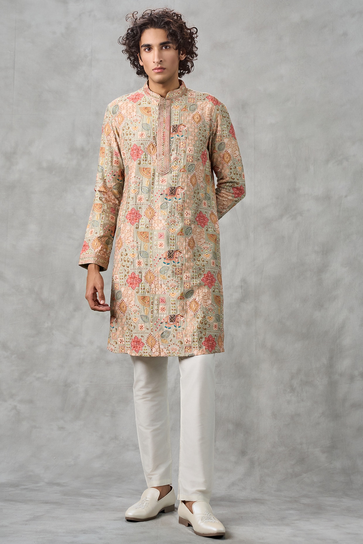 Twamev Pista Green Blended Viscose Thread Embroidered Kurta Set