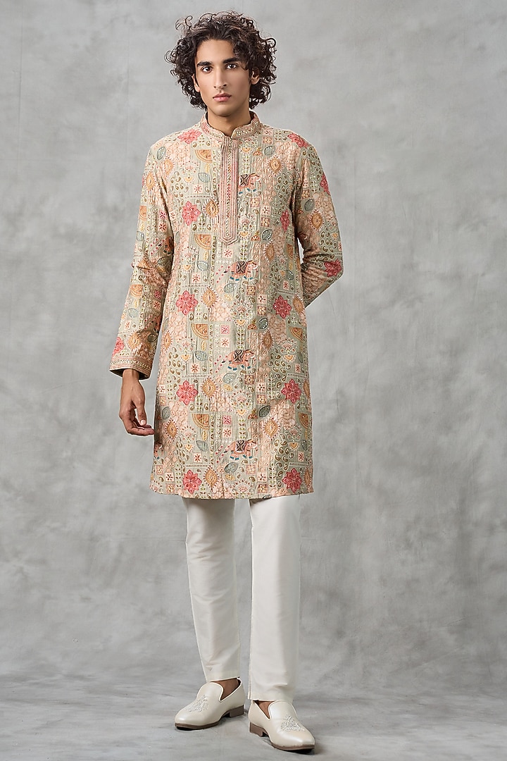 Pista Green Blended Viscose Thread Embroidered Kurta Set by Twamev at Pernia's Pop Up Shop