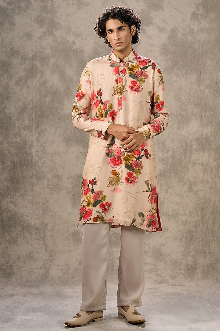 Beige Art Silk Printed & Beadwork Kurta Set by Twamev at Pernia's Pop Up Shop