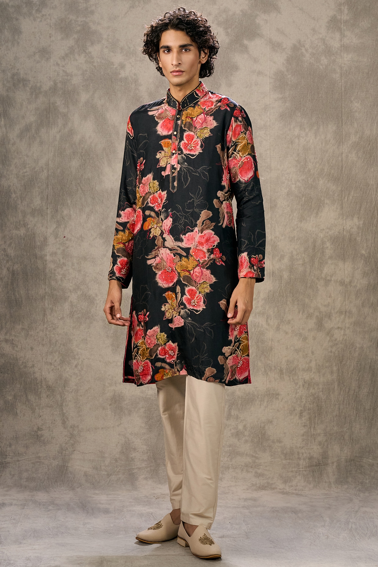 Twamev Black Art Silk Printed & Beadwork Kurta Set