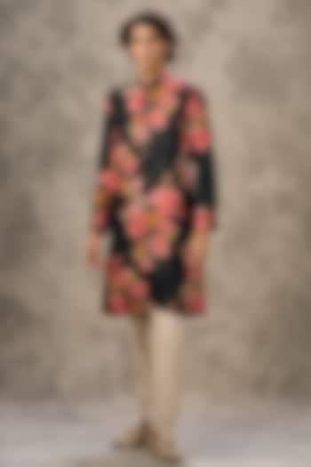 Black Art Silk Printed & Beadwork Kurta Set by Twamev at Pernia's Pop Up Shop