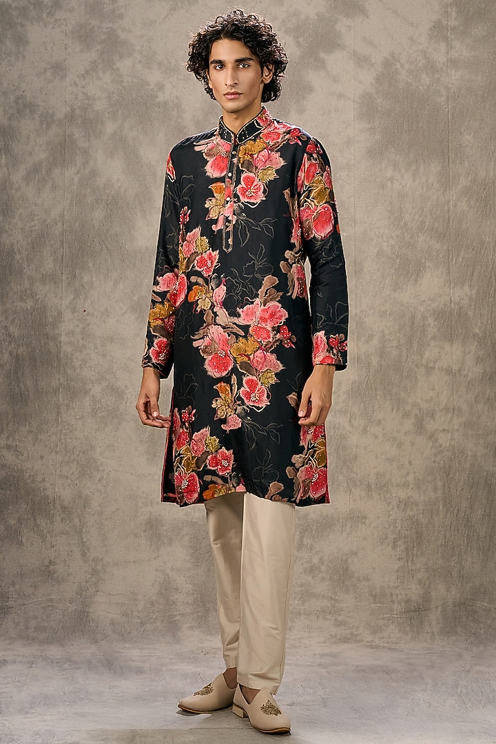 Black Art Silk Printed & Beadwork Kurta Set by Twamev at Pernia's Pop Up Shop