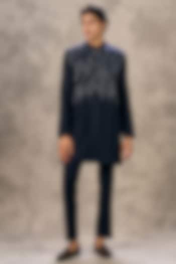 Dark Blue Knit Fabric Beadwork Kurta Set by Twamev at Pernia's Pop Up Shop
