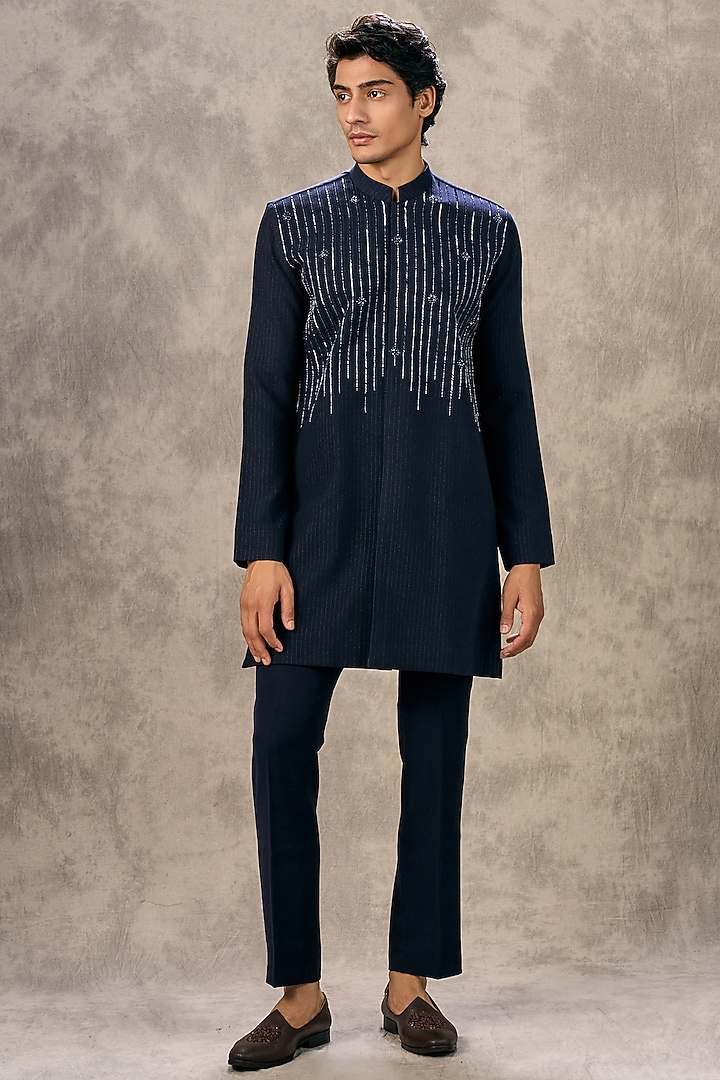 Dark Blue Knit Fabric Beadwork Kurta Set by Twamev at Pernia's Pop Up Shop