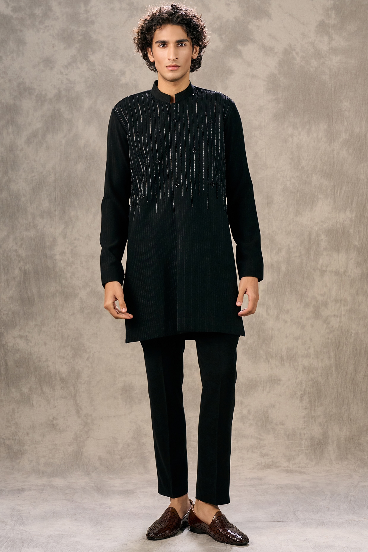 Twamev Black Knit Fabric Beadwork Kurta Set