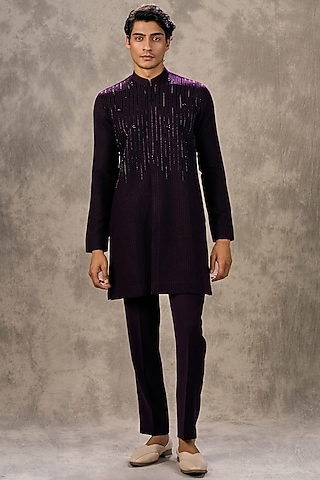 Wine Knit Fabric Beadwork Kurta Set by Twamev