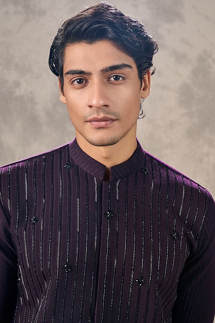 Wine Knit Fabric Beadwork Kurta Set by Twamev at Pernia's Pop Up Shop
