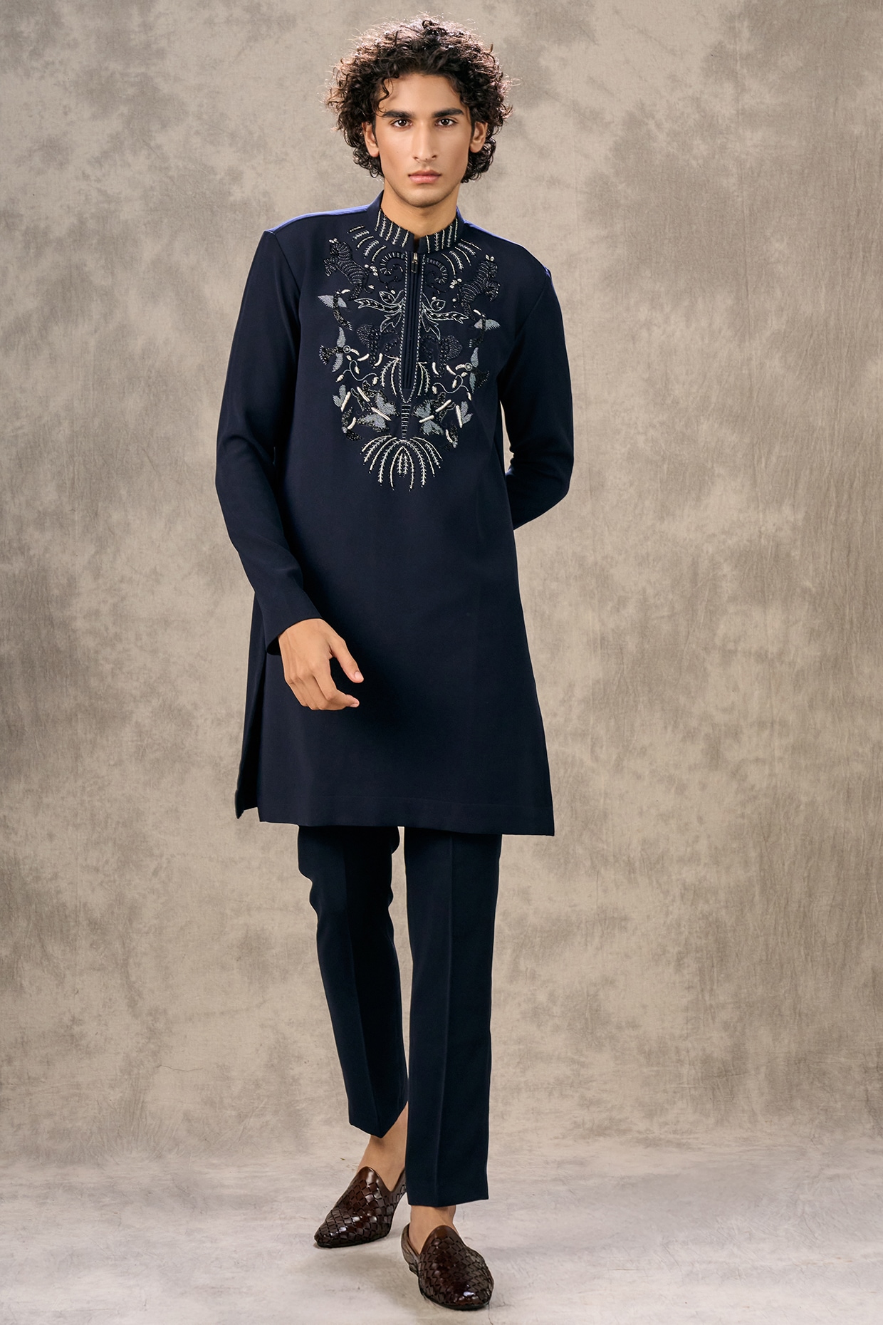 Twamev Blue Knit Fabric Beadwork Kurta Set