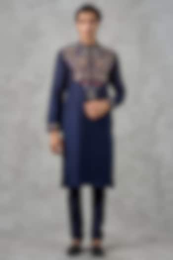 Blue Art Silk Thread Embroidered Kurta Set by Twamev at Pernia's Pop Up Shop