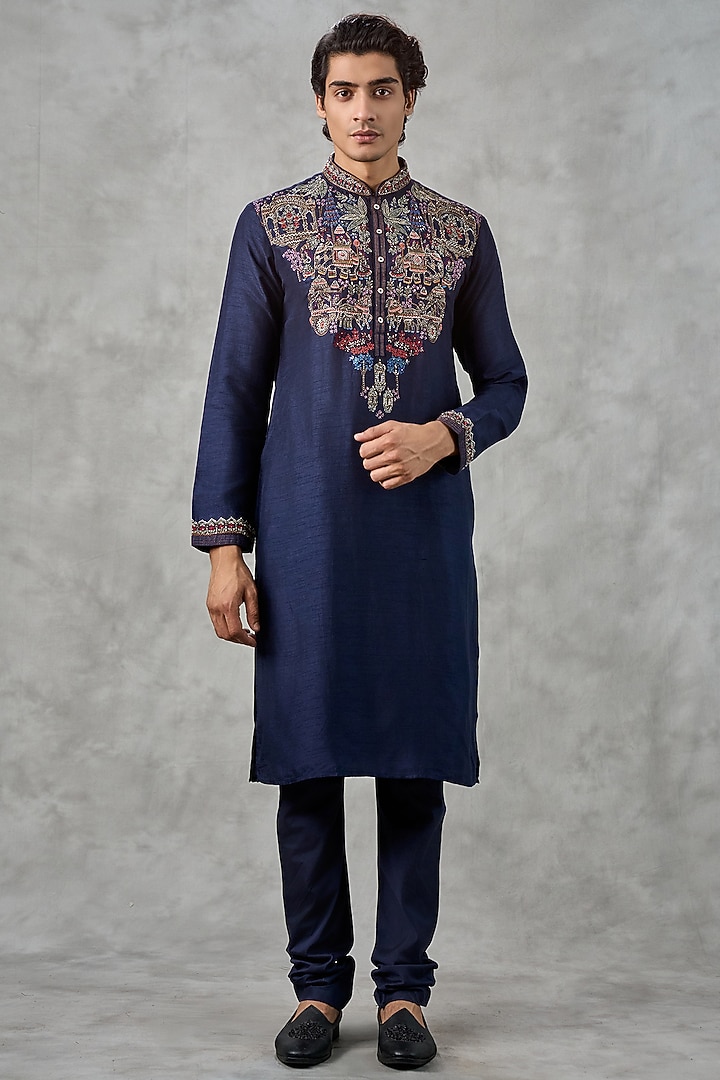 Blue Art Silk Thread Embroidered Kurta Set by Twamev at Pernia's Pop Up Shop
