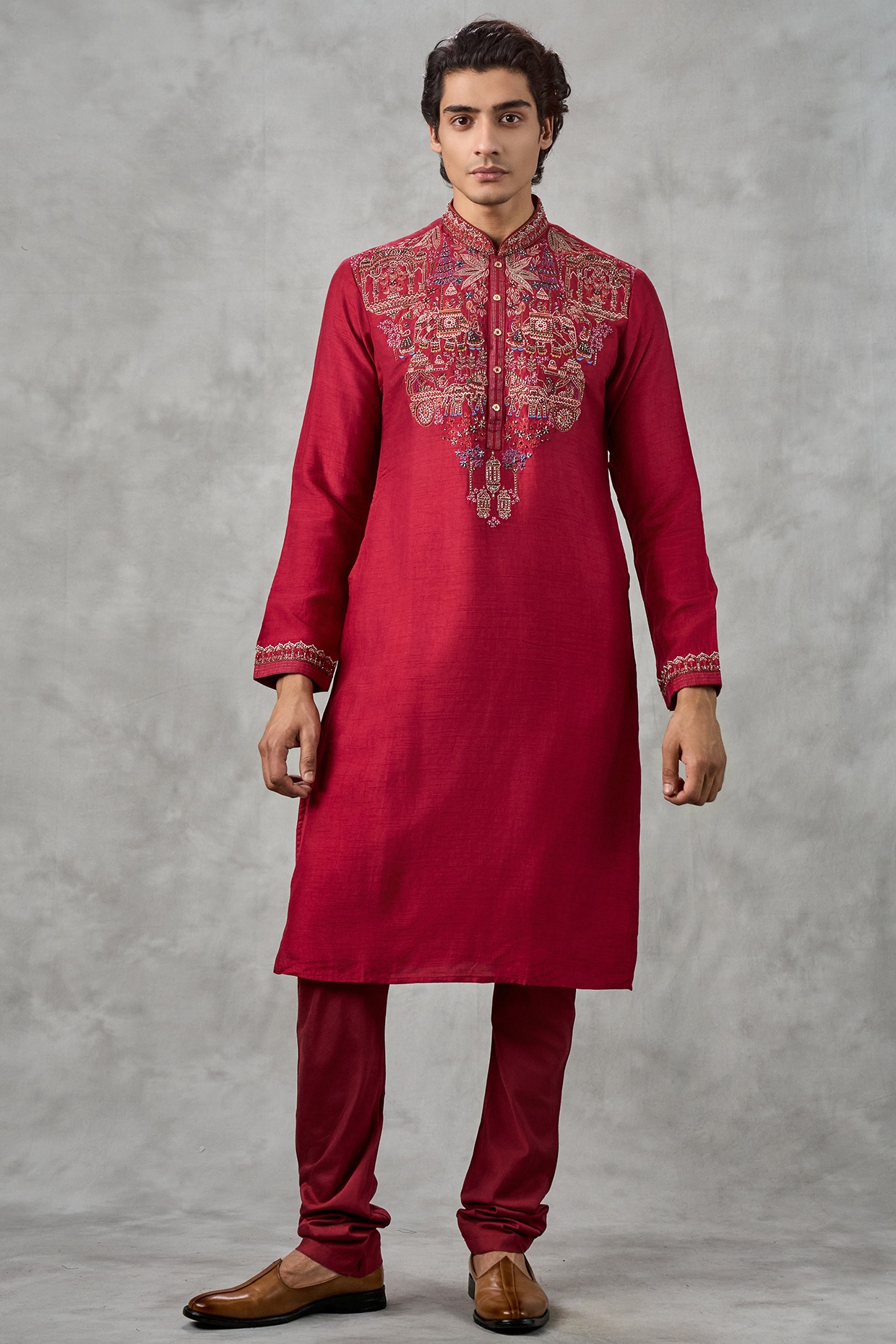 Twamev Red Art Silk Thread Embroidered Kurta Set